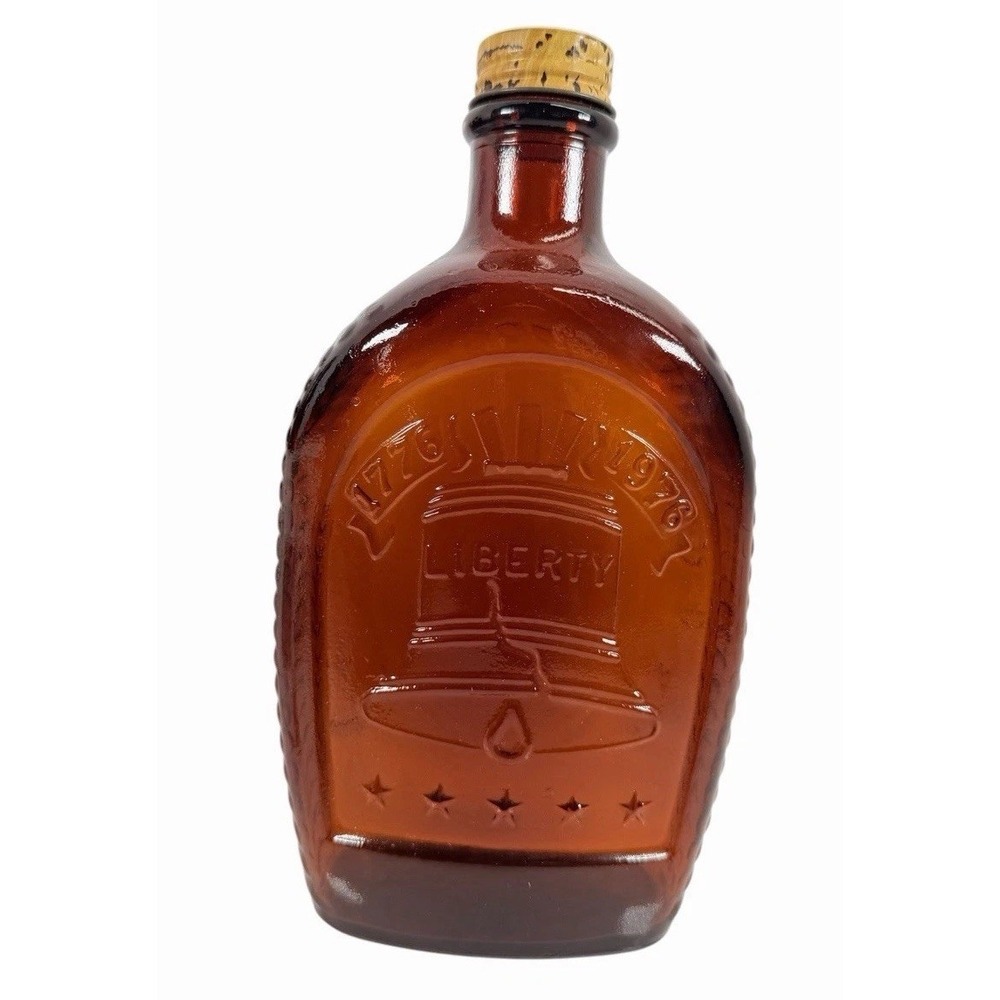1776 Vintage Bicentennial Amber Glass Liberty Bell‎ Log Cabin Maple Syrup Bottle